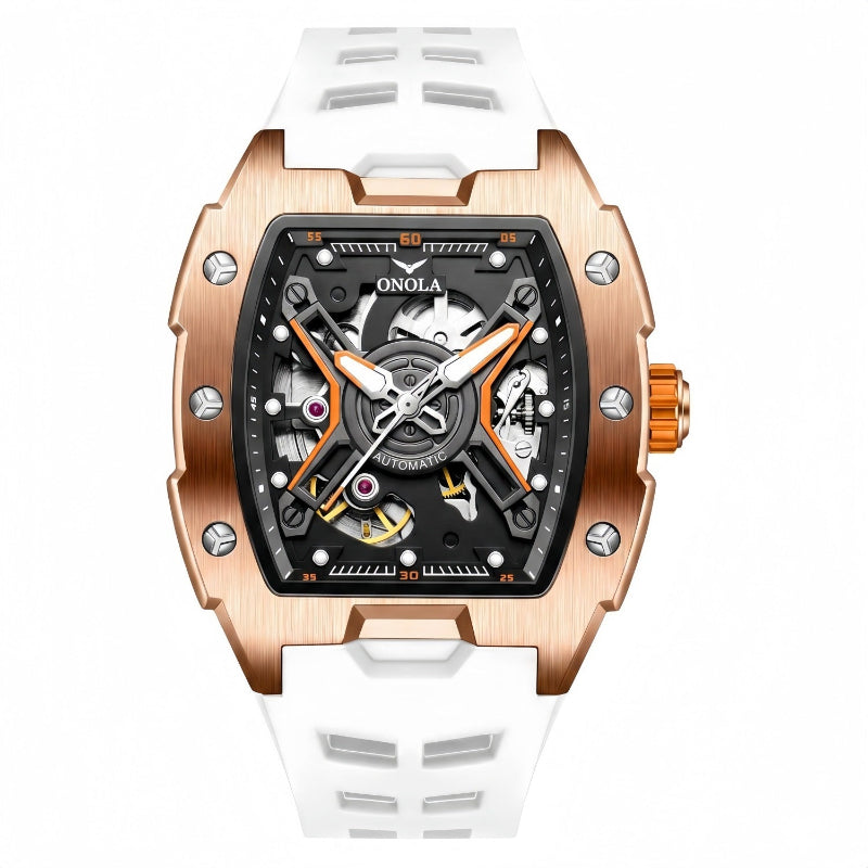 Men's sporty automatic mechanical watch with white silicone strap and rose-toned case