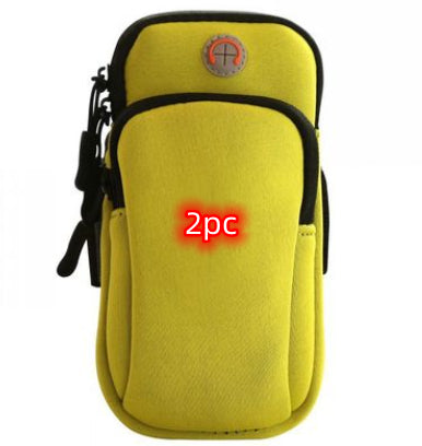 Yellow running phone pouch with black trim, zipper closure, and side attachment