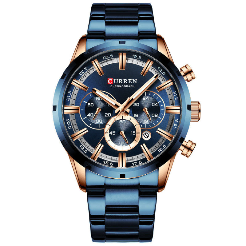 Men's business quartz watch with blue dial and blue metal bracelet, rose-gold markers