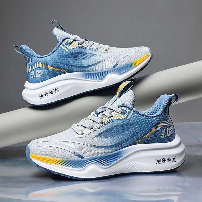 Men's mesh sneakers in light blue with yellow accents, lace-up, side view