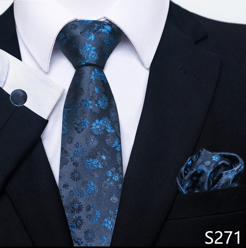 Men's formal tie, pocket square, and cufflink set with blue floral jacquard tie