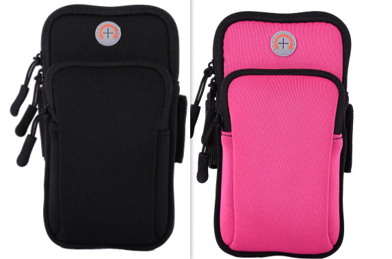 Black and hot pink running phone pouches with black trim, zipper closures, and side attachment