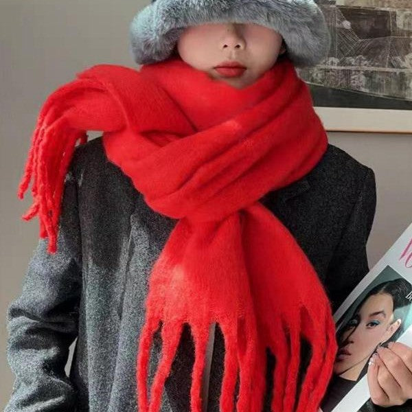 Women's wool-like scarf, red, long fringes, oversized wrap with bold, warm drape