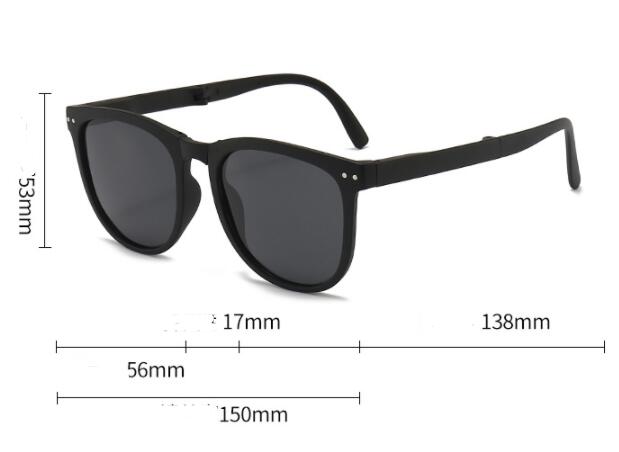 Black polarized folding sunglasses with labeled dimensions (height and width)