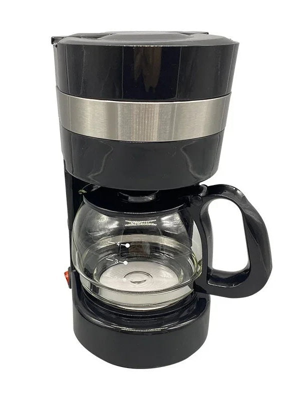 Black automatic drip coffee maker with glass carafe and top filter housing