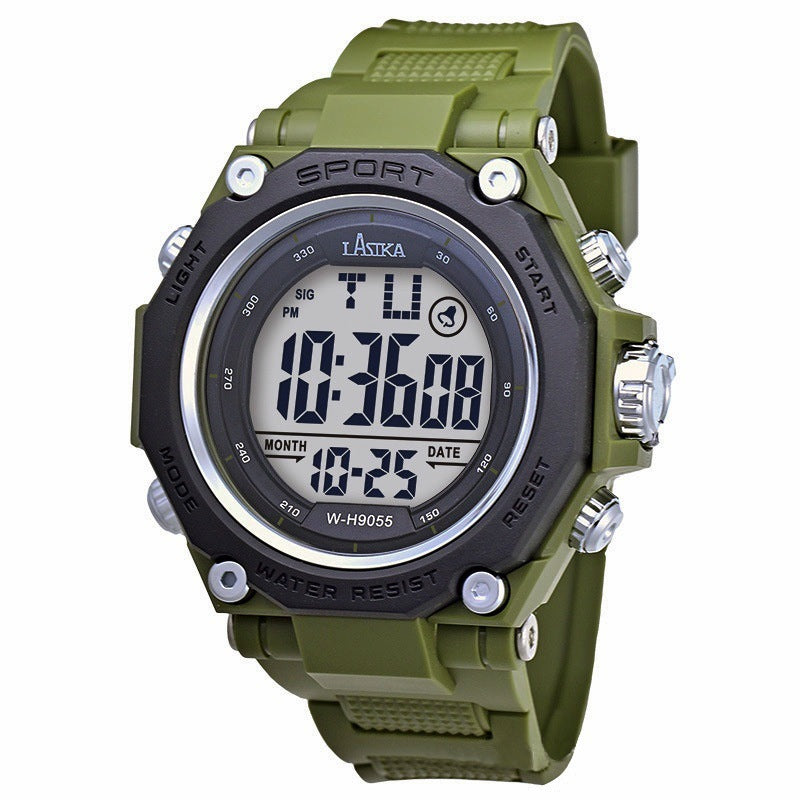 Olive sports watch with large round digital display, black bezel, green silicone strap