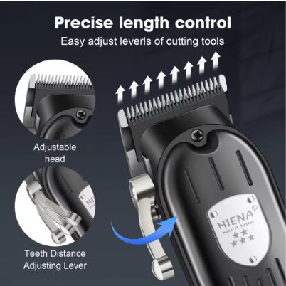 Black hair clipper with adjustable length lever and precision comb head