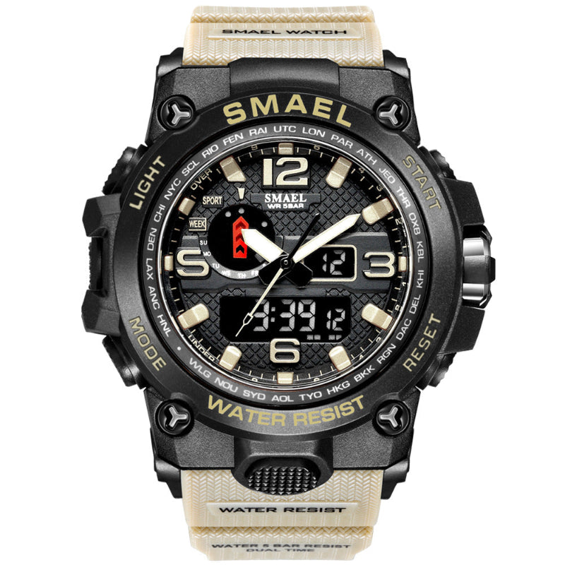 Men's luminous sports alarm watch, black case, gold dial, khaki strap.