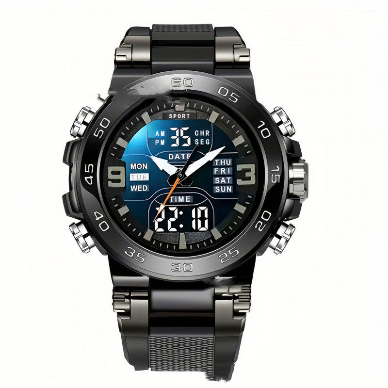 Waterproof electronic sports watch with black round case and black dial with day/date rings