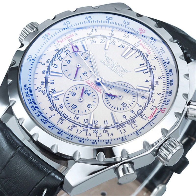 Men's mechanical chronograph watch with silver case, black leather strap, white dial with blue markers