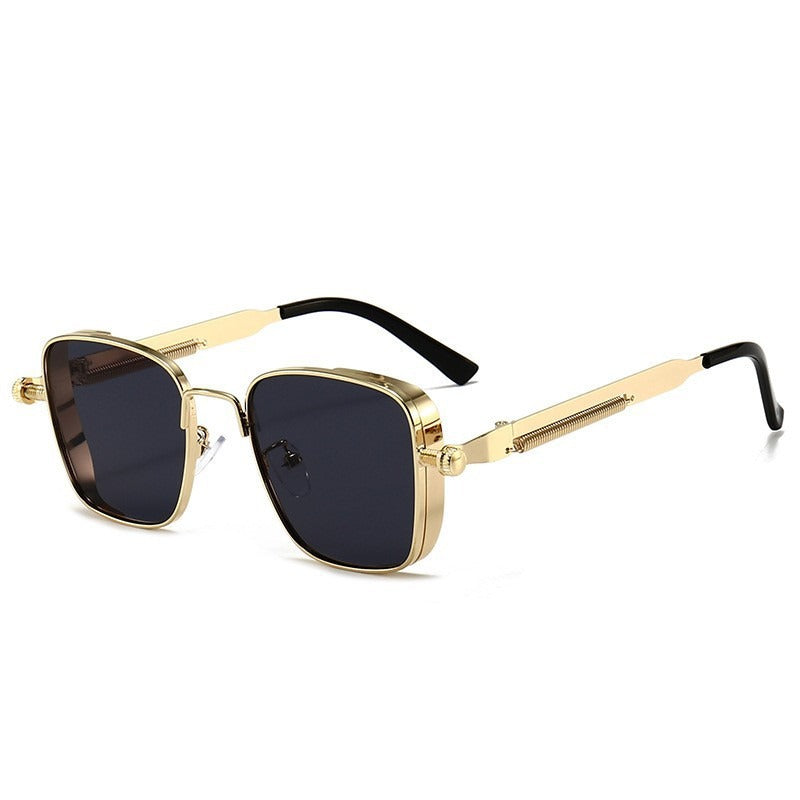 Gold square sunglasses with dark blue tinted lenses and black temple tips