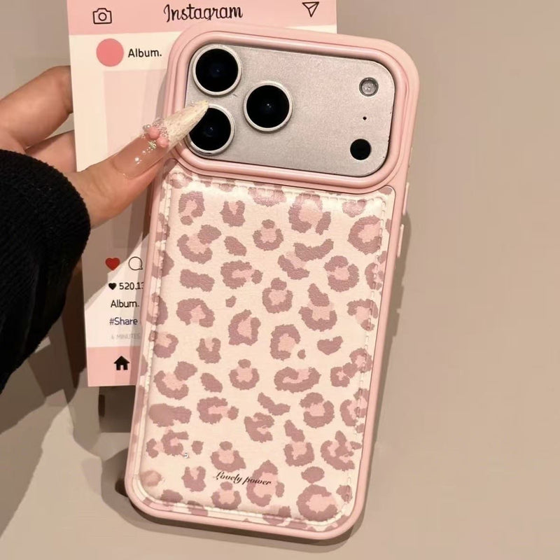 Pink leopard-print phone case with raised clear bumper and back camera cutouts