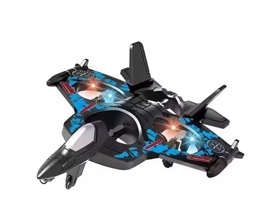 Black remote control fighter jet toy with blue and orange glowing lights and fins