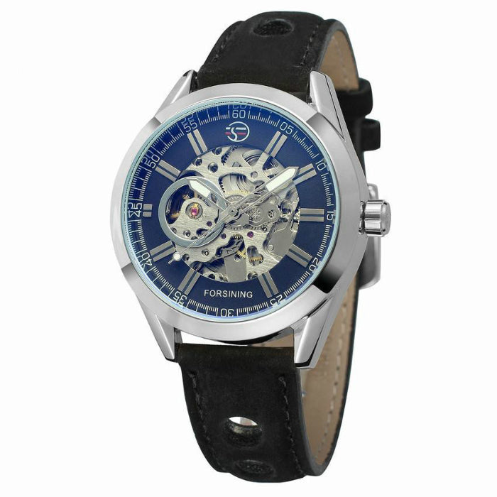 Silver case skeleton mechanical watch with black leather strap, blue open dial
