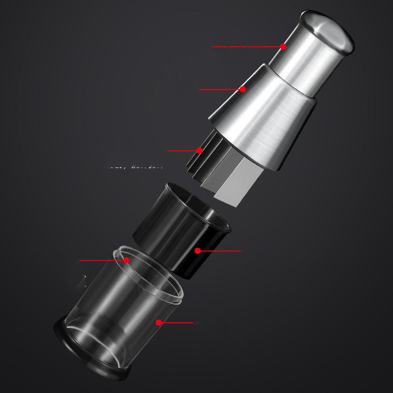 Exploded view of chopper showing the plunger, blade, cup, and base