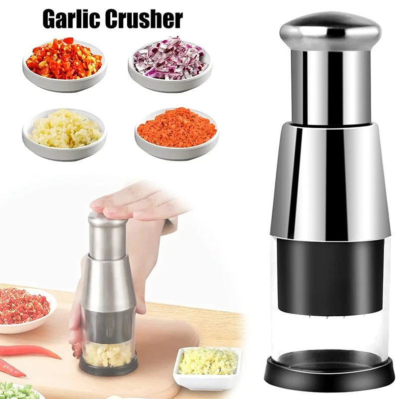Stainless steel garlic and vegetable chopper with handheld crusher body