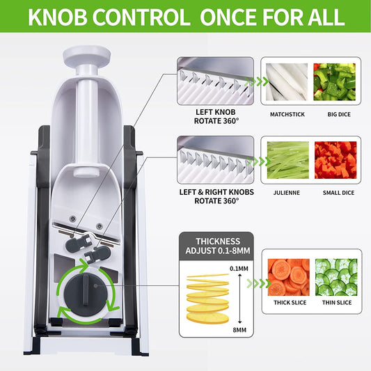Manual vegetable mandoline slicer with adjustable knob and julienne/dice blades