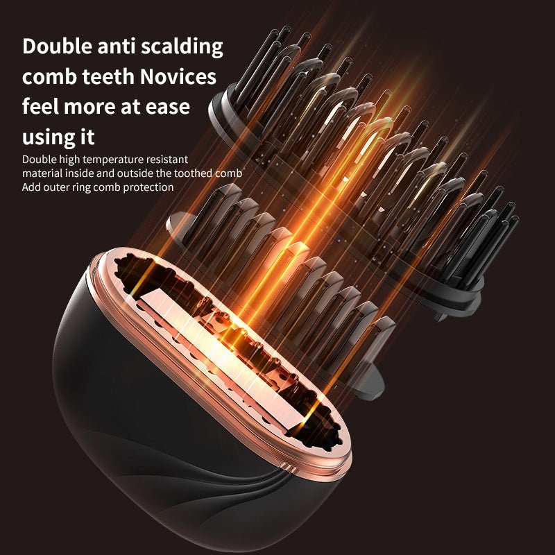 Mini cordless hair straightening comb with protective double-layer teeth shown in close-up