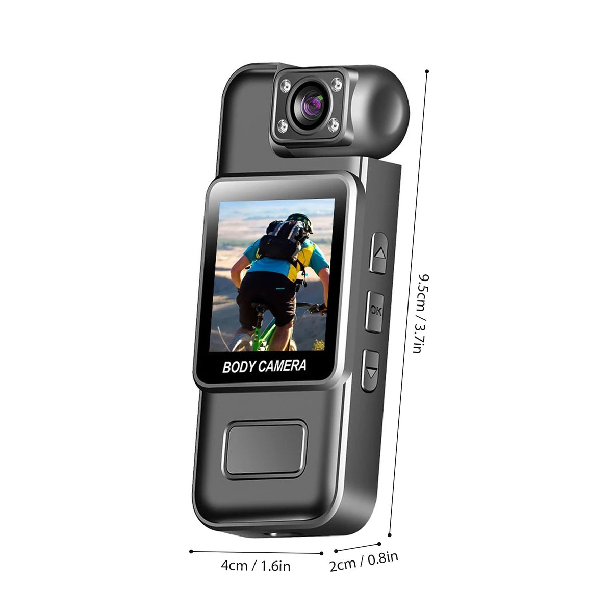 Portable body camera with display and lens, front view with size diagram