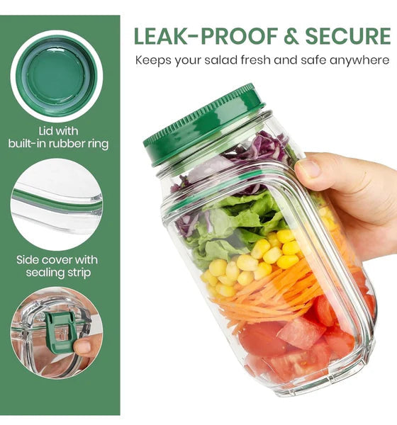 Portable salad jar with green lid and sealing strip, hand-held close view