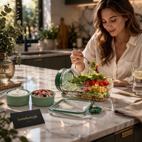 Portable salad container jar with green lid on table, hinged carry handle