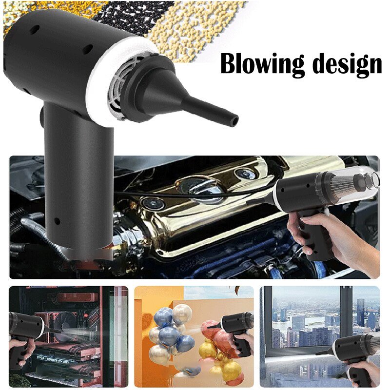 Handheld blower nozzle blasting air, shown cleaning an engine compartment