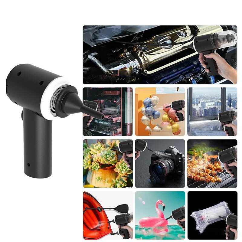 Handheld vacuum blower shown with multiple cleaning scenario icons, black and silver body