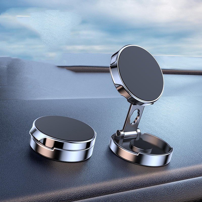Adjustable magnetic car phone holder with a foldable arm and circular metal base, shown folded and open