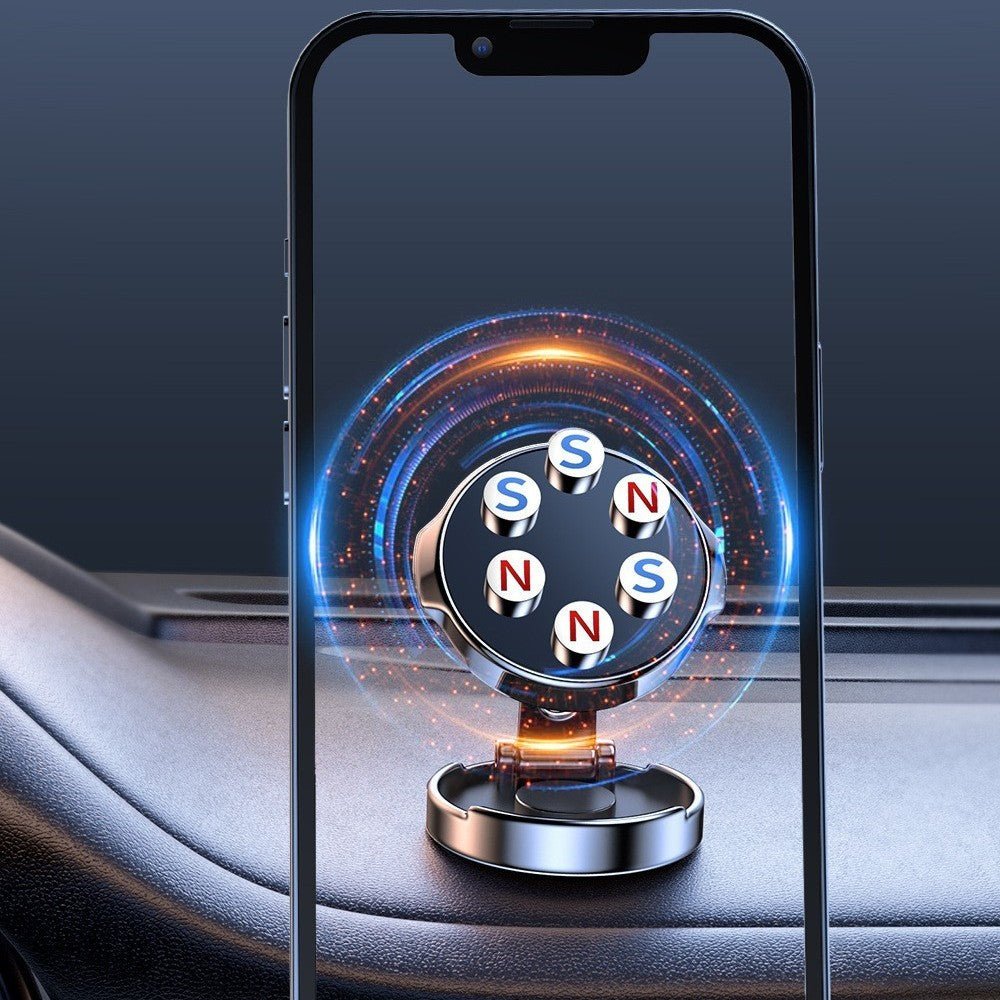 Magnetic car phone holder attached to a smartphone, with visible magnet poles on its round face