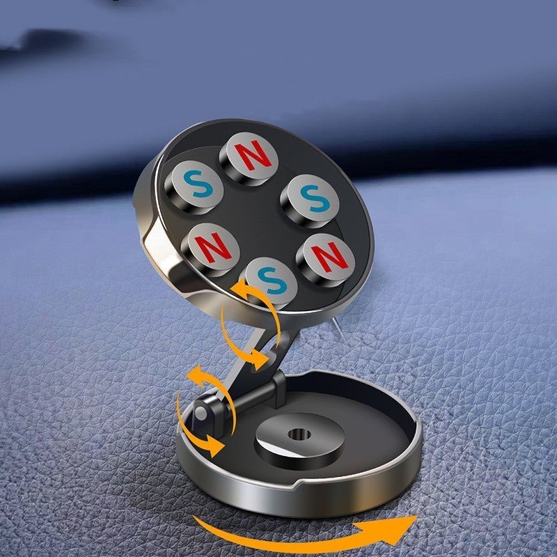 Adjustable magnetic car phone holder with pivoting arm and rotating base, shown with magnet poles