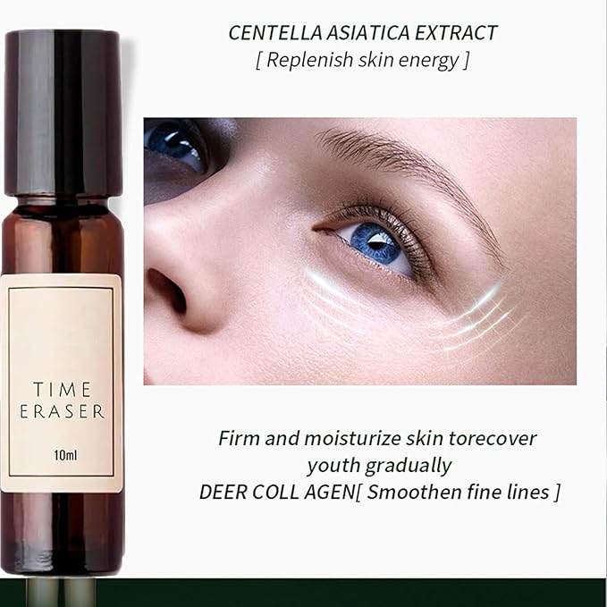 Eye essence oil bottle with dropper beside under-eye serum on skin