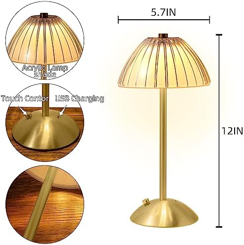 Cordless diamond table lamp with gold-tone base, ribbed acrylic shade, touch control and USB charging