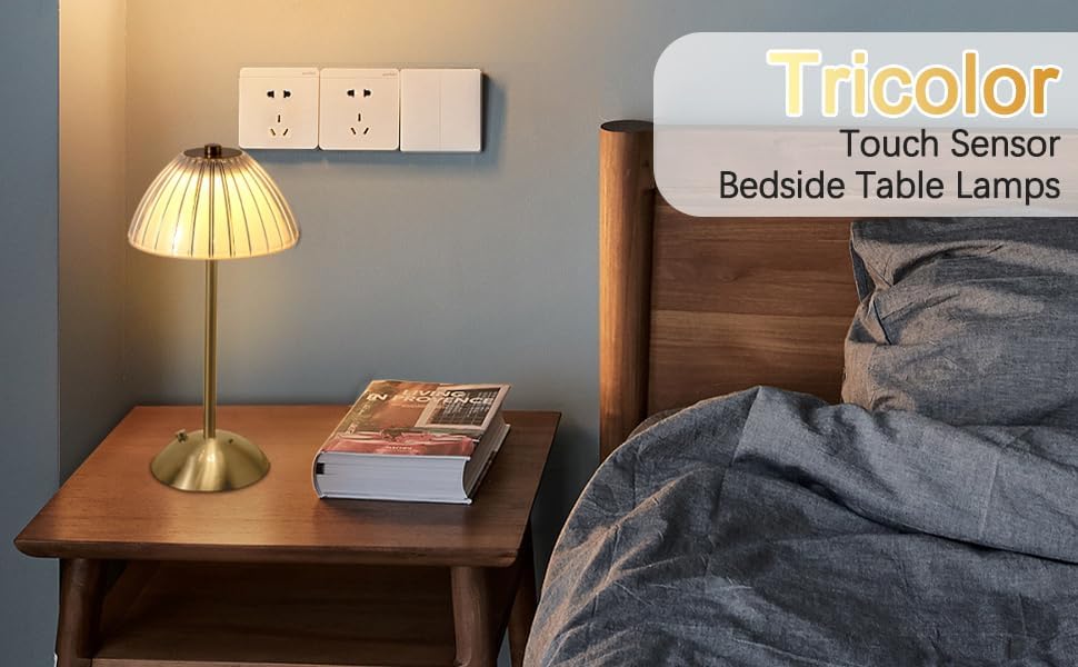 Cordless diamond table lamp with glowing ribbed shade and gold-tone base