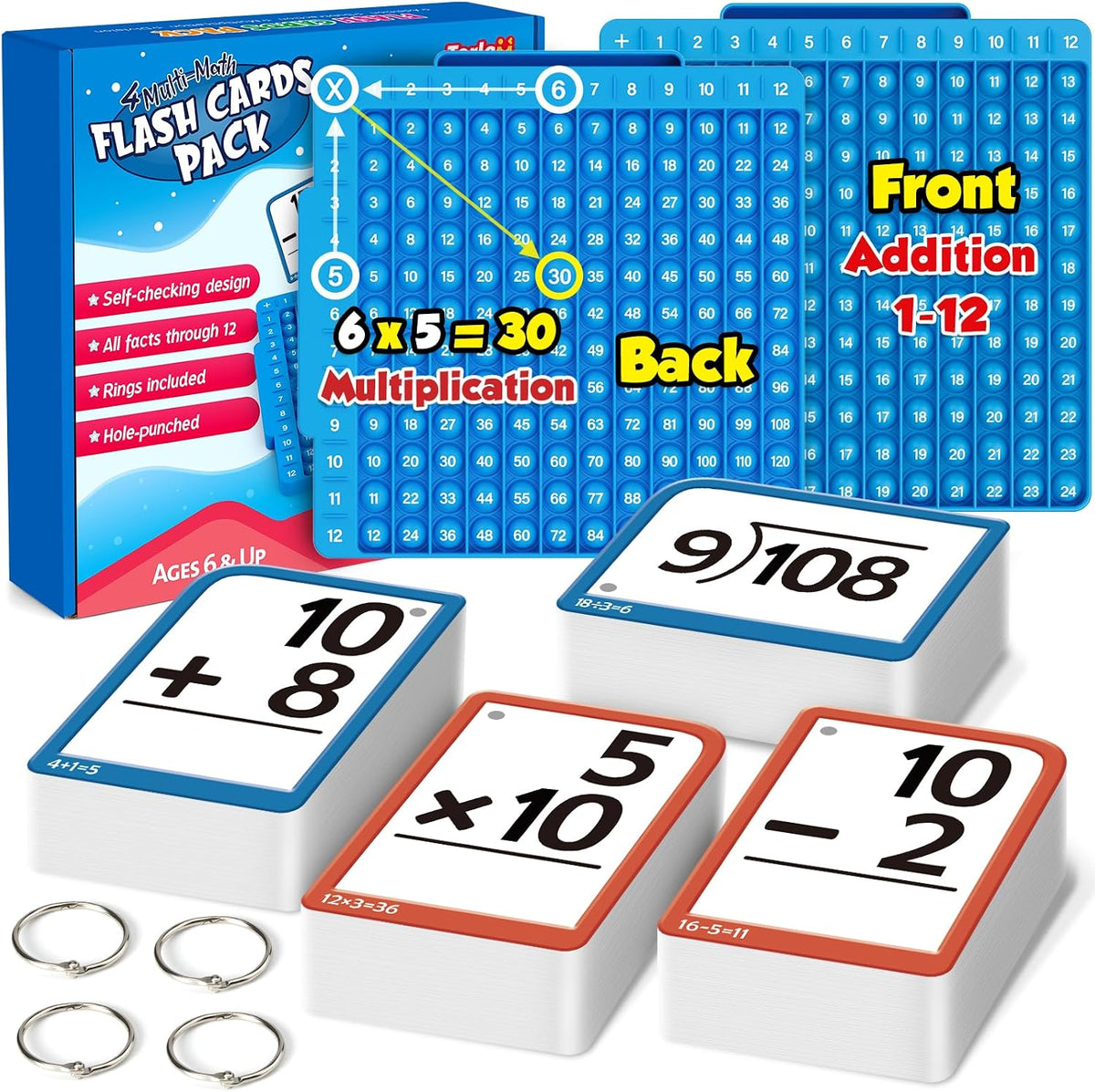 Math fidget board, equation flash cards, storage box, and metal rings.