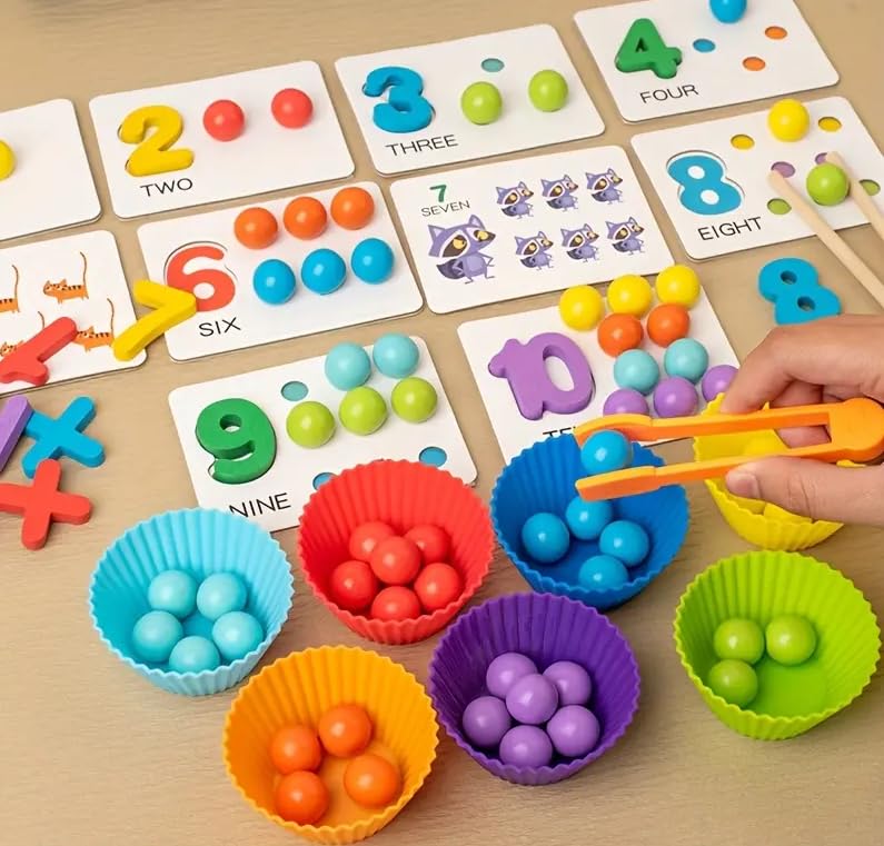 Wooden math learning set with number cards, colorful counters, sorting bowls and tweezers