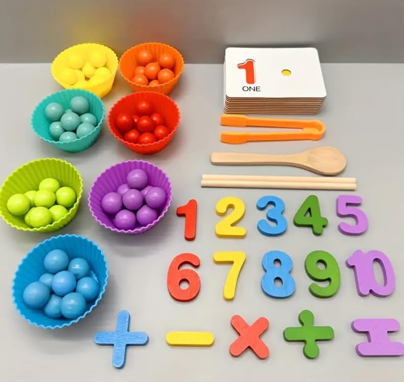 Math teaching set with colorful number and operation pieces, cards, counters and bowls