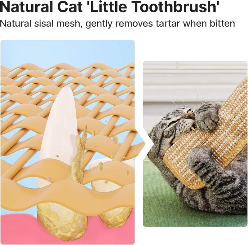 Sisal mesh cat chew mat shown close up and being chewed by a cat