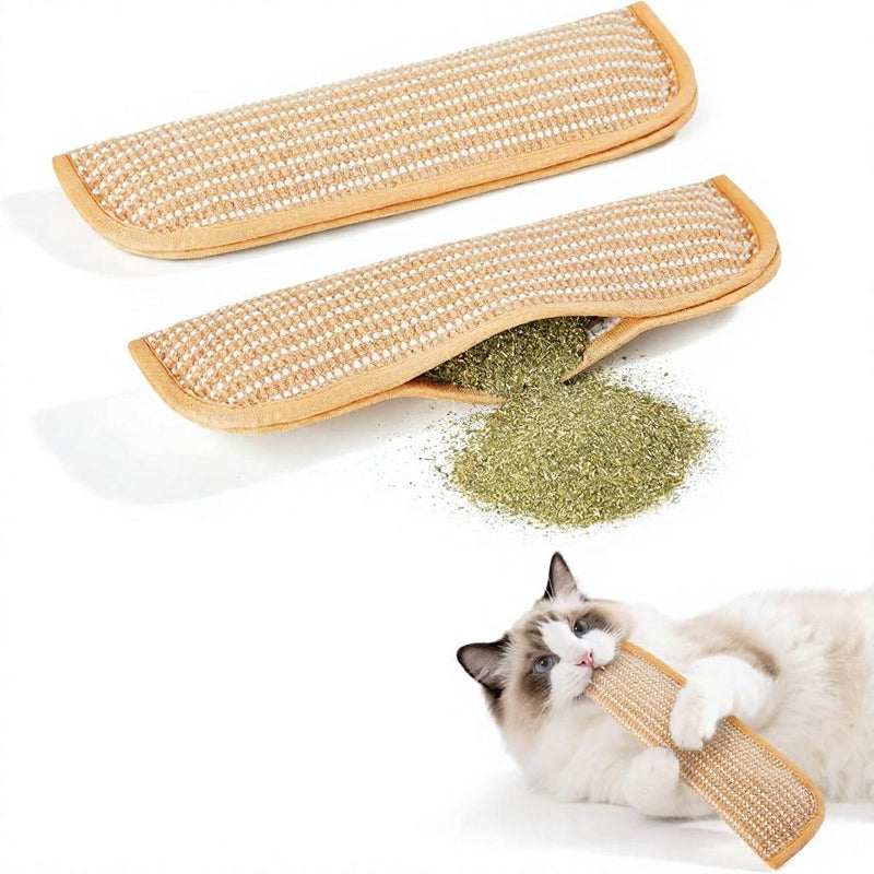 Two woven sisal cat chew mats, one opened with catnip inside