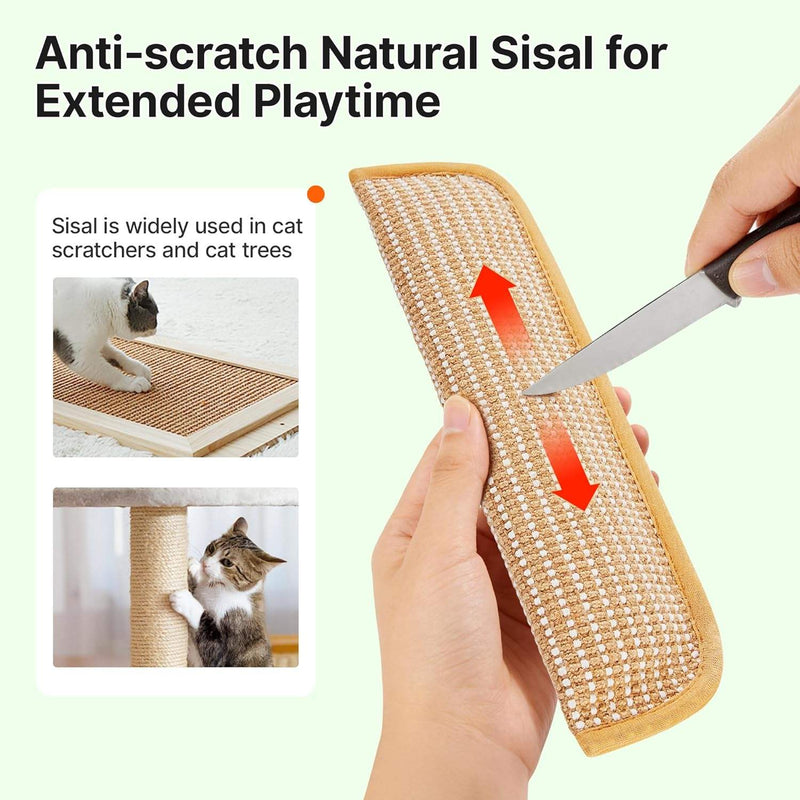 Woven sisal cat chew mat held while its scratch-resistant surface is tested