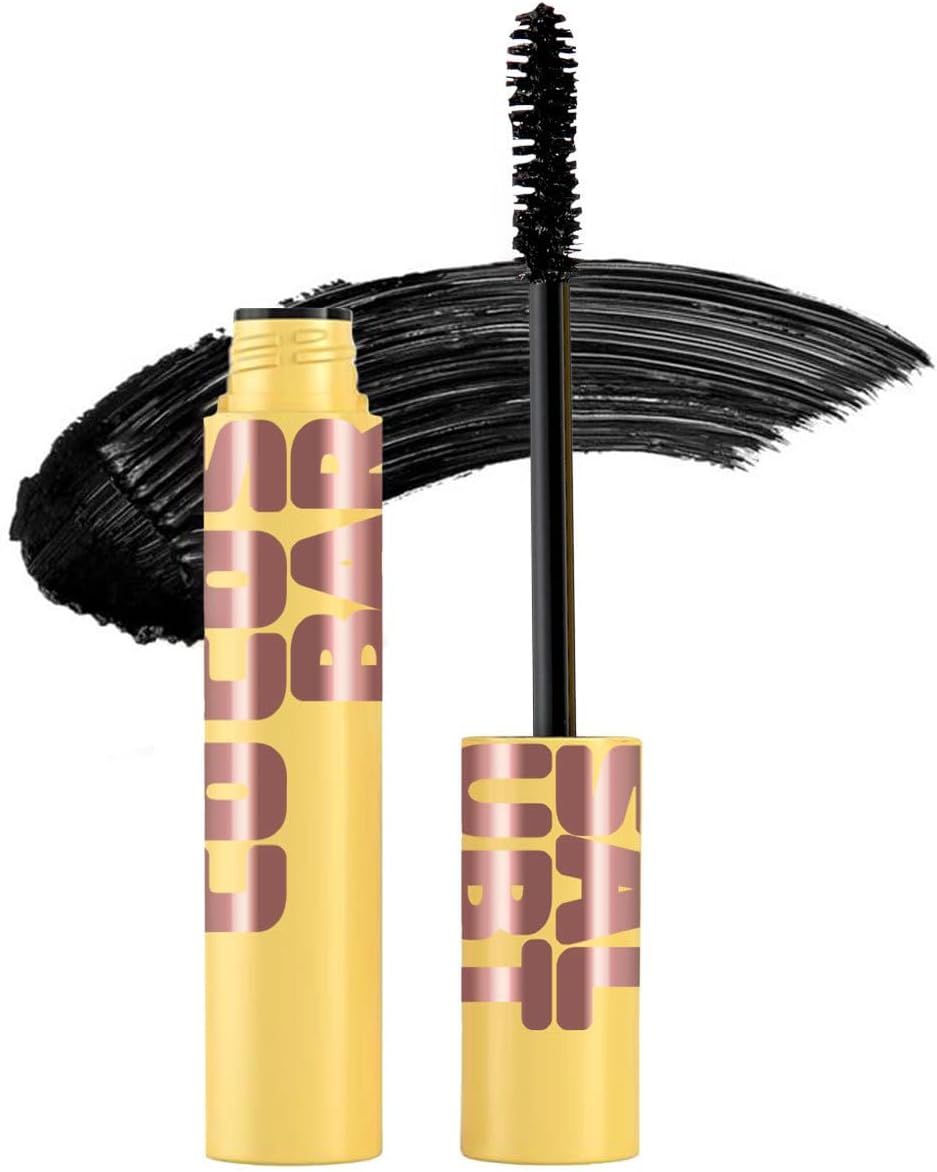 Infinity Bubble Mascara in black with a gold tube, wand, and thick black lash swatch.