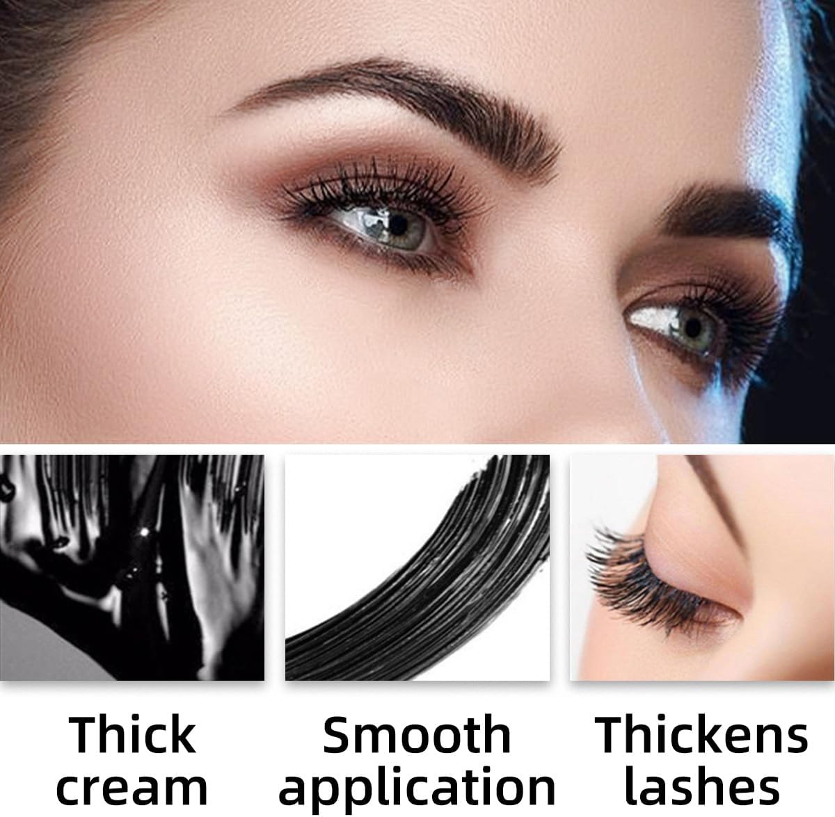 Black mascara shown on lashes, with close-ups of its creamy formula and smooth application.