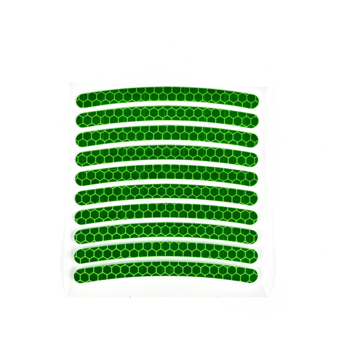 Sheet of green reflective tire stickers with a honeycomb pattern.