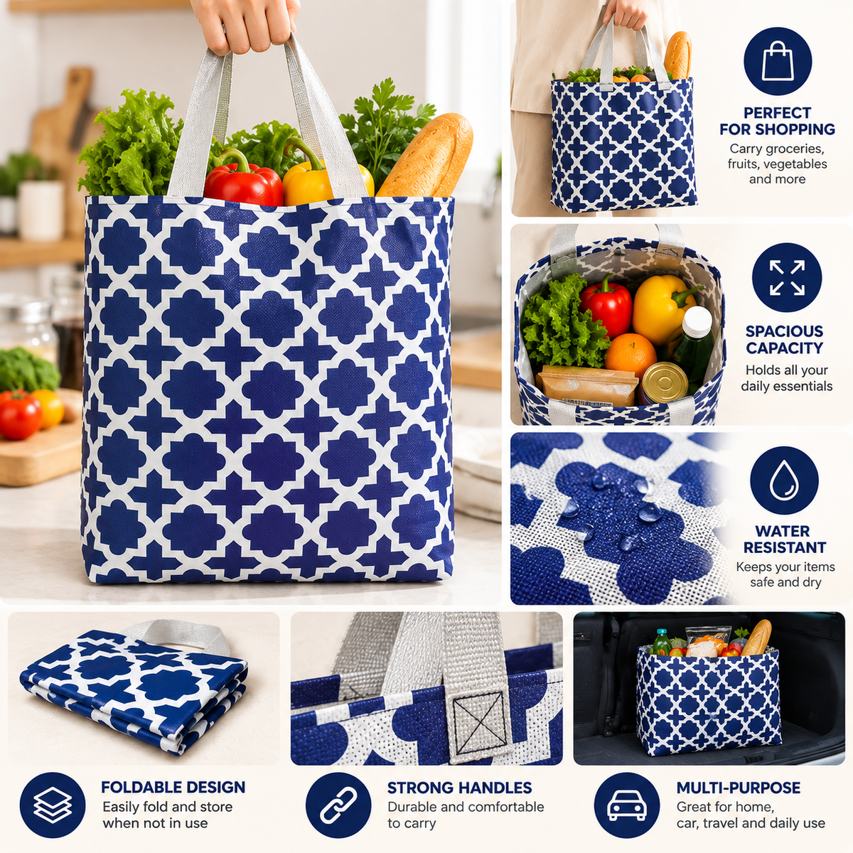 Cloth grocery tote with blue geometric print, shown folded and filled