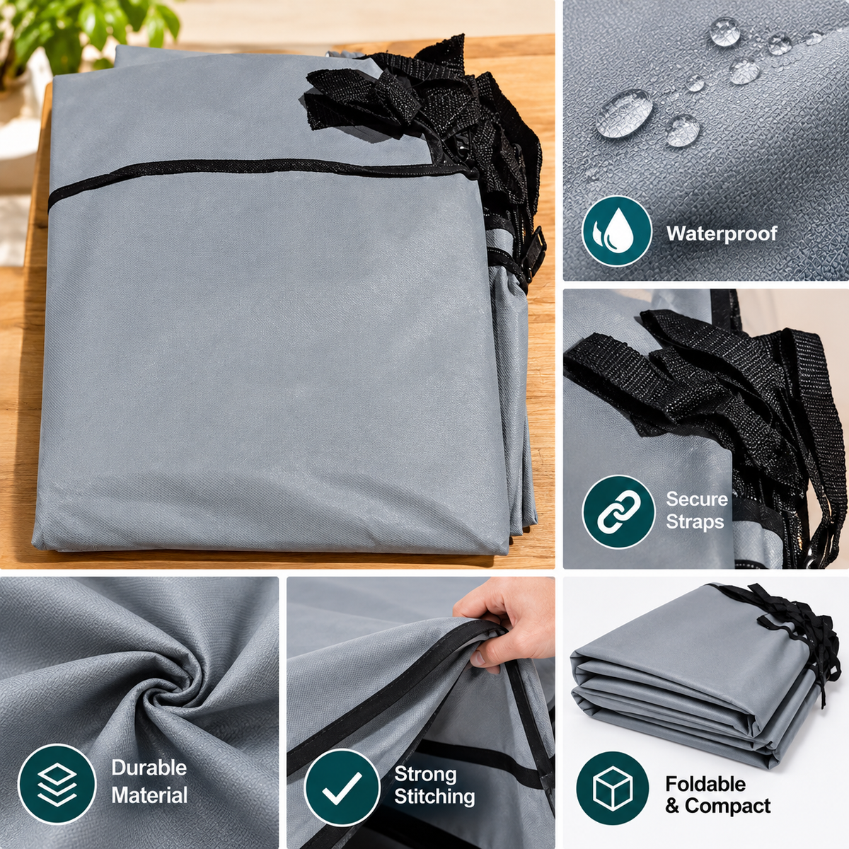 Foldable gray cloth storage bag with black straps; detail panels show waterproof fabric and reinforced stitching.