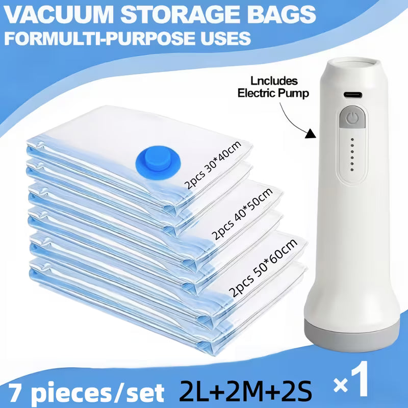 Electric vacuum pump with stacked clear storage bags in three sizes