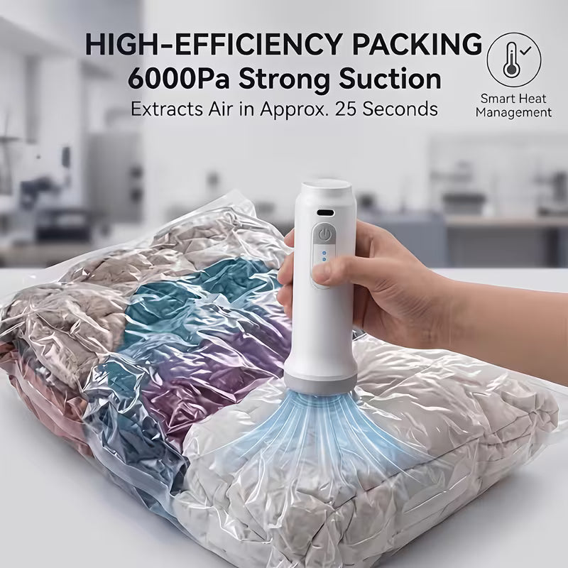 Electric pump attached to a clear vacuum bag compressing clothing