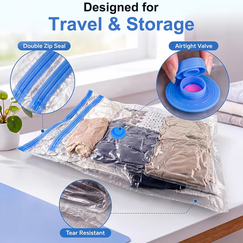 Clear vacuum storage bag with blue double zipper and airtight valve