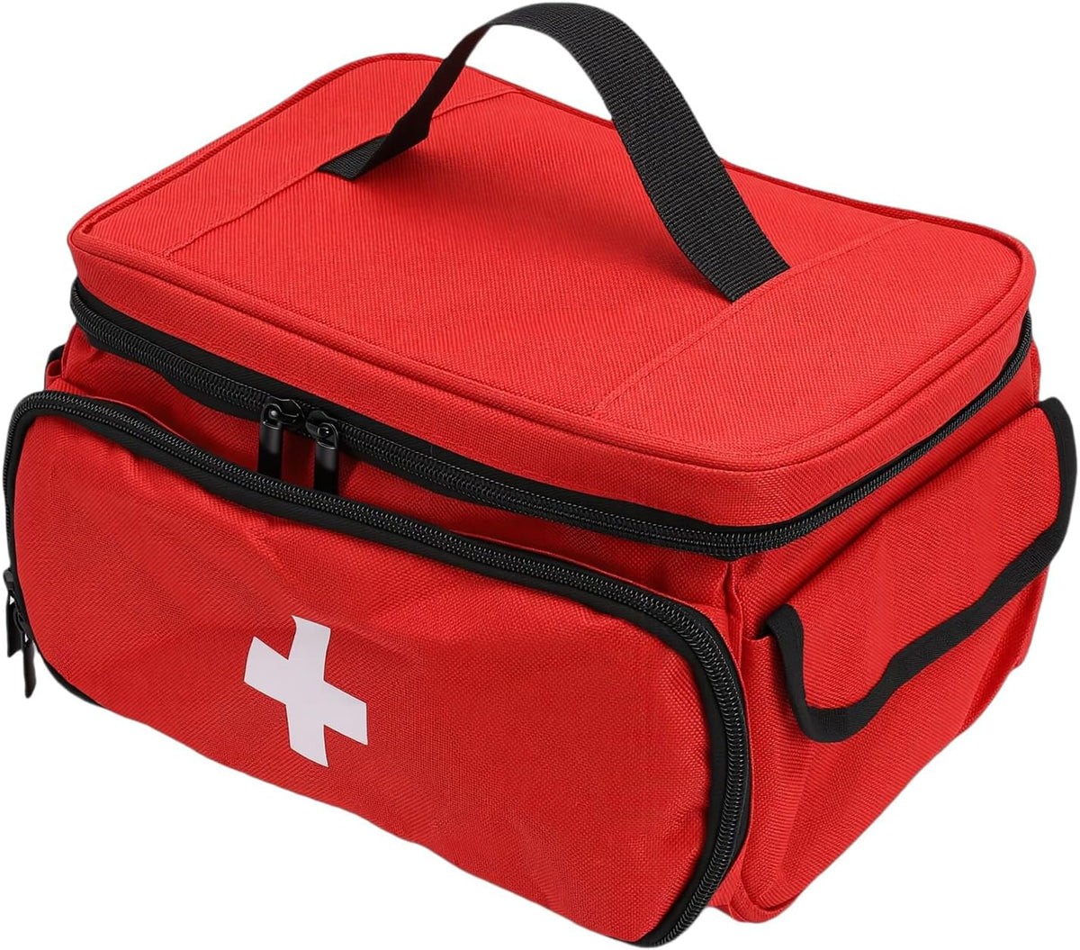 Red first aid bag with a black handle, zip compartments, side pocket, and white cross