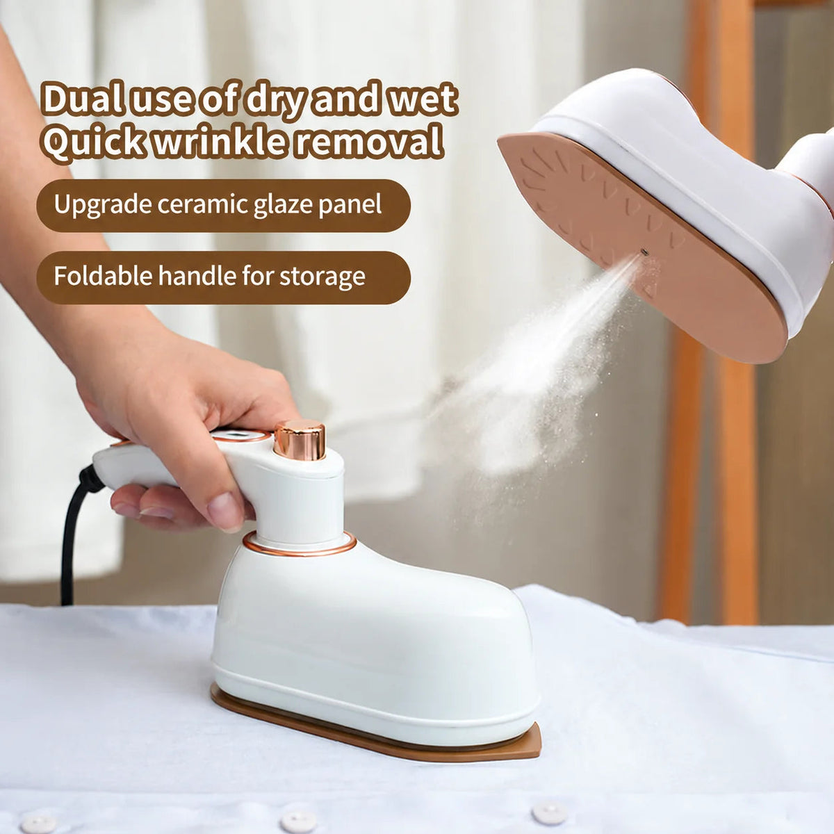 Portable folding clothes iron steaming fabric, with ceramic soleplate visible