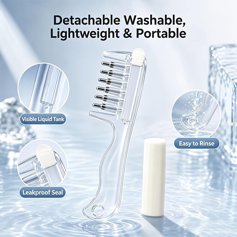 Clear scalp applicator comb with removable reservoir cap and metal-tipped teeth.